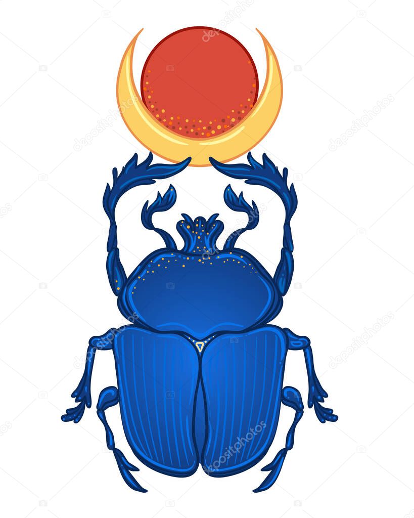 Scarabaeus sacer, Dung beetle. Sacred symbol of in ancient Egypt. Fantasy ornate insects. Isolated vector illustration. Spirituality, occult sun tattoo.