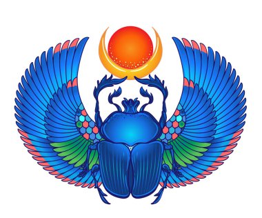 Scarabaeus sacer, bok böceği. Eski Mısır 'ın kutsal sembolü. Süslü püslü böcekler. İzole vektör çizimi. Ruhanilik, okült güneş dövmesi.