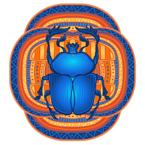 Scarabaeus sacer, Escarabajo estiércol. Símbolo sagrado del antiguo Egipto. Insectos adornados con fantasía. Ilustración vectorial aislada. Espiritualidad, tatuaje de sol oculto. — Vector de stock