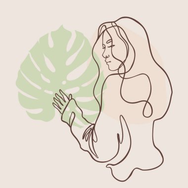 Genç ve güzel bir kadının soyut portresi. Beyaz üzerine izole edilmiş tek bir çizgi. Modern biçimdeki vektör illüstrasyonu.