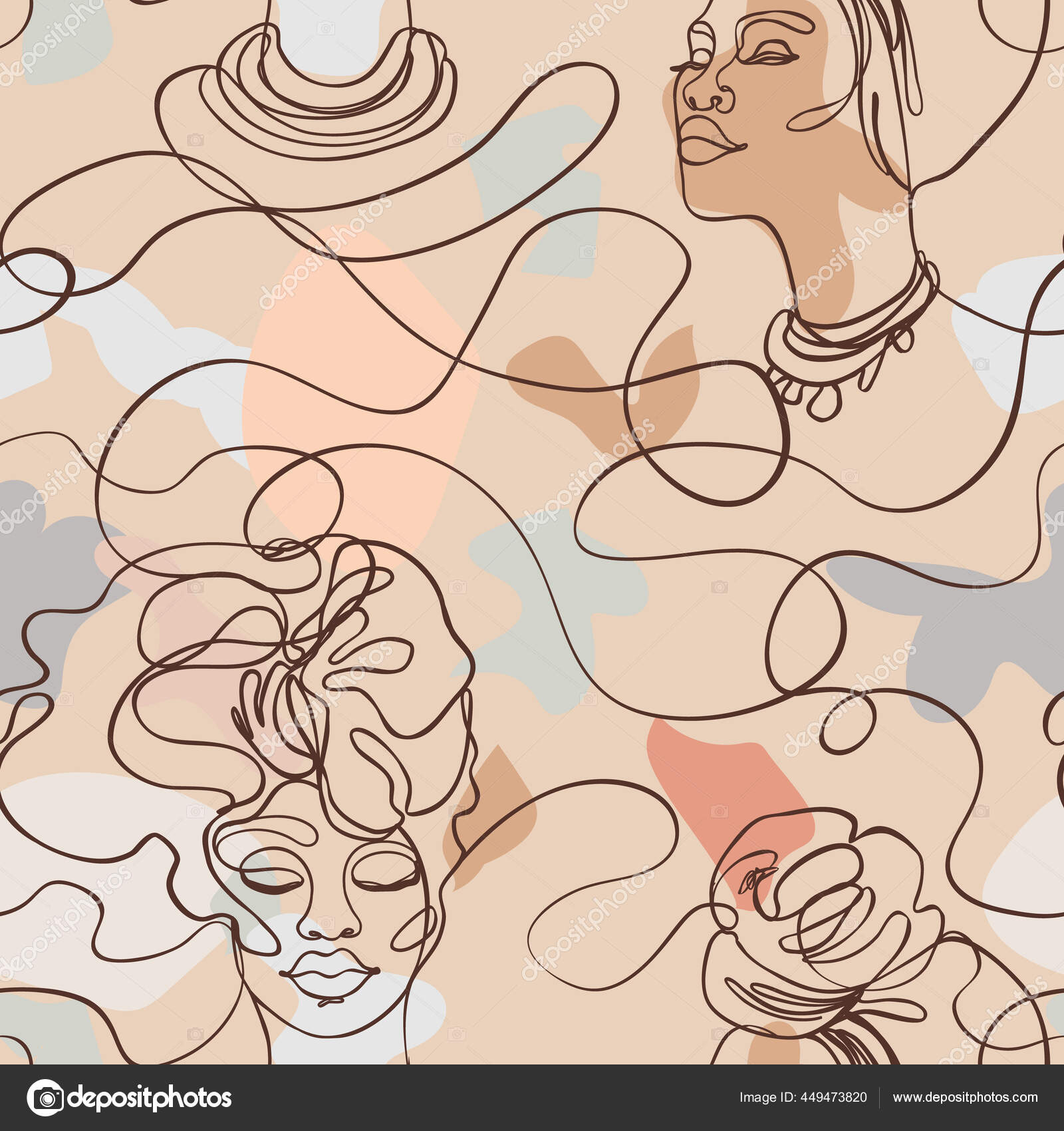 现代简约风格的抽象无缝图案 女性的脸 一个线条画 包装纸 壁纸 织物的设计 图库矢量图像 C Vgorbash 449473820
