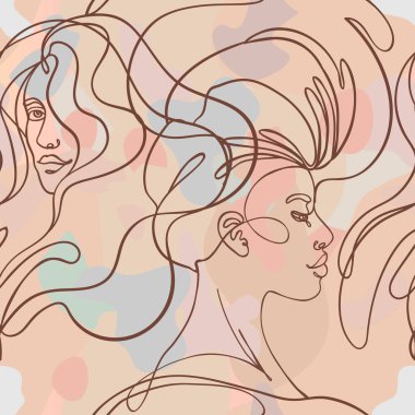 Modern basit stilde soyut, pürüzsüz desen. Kadın yüzleri. Bir çizgi. Ambalaj kağıdı, duvar kağıdı, kumaş için tasarım