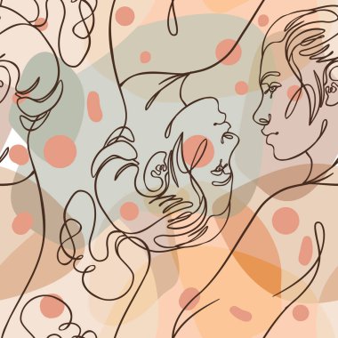 Modern basit stilde soyut, pürüzsüz desen. Kadın yüzleri. Bir çizgi. Ambalaj kağıdı, duvar kağıdı, kumaş için tasarım