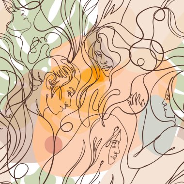 Modern basit stilde soyut, pürüzsüz desen. Kadın yüzleri. Bir çizgi. Ambalaj kağıdı, duvar kağıdı, kumaş için tasarım