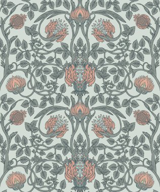 Çiçeksel, eski duvar kağıtları için dikişsiz desen. Büyülü Vintage Çiçekleri. Sanat ve el sanatları hareketi ilham verici. Paket kağıdı ve duvar kağıdı için tasarım