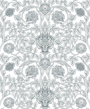 Çiçeksel, eski duvar kağıtları için dikişsiz desen. Büyülü Vintage Çiçekleri. Sanat ve el sanatları hareketi ilham verici. Paket kağıdı ve duvar kağıdı için tasarım