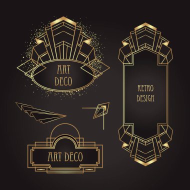 Art Deco altın desenleri siyah, çerçeve ve tasarım elementlerinden üstündür. Retro parti geometrik arka plan 1920 'ler tarzında ayarlandı. Vektör illüstrasyonu.