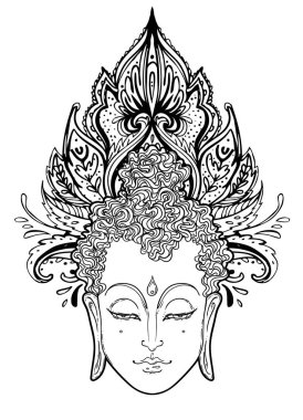 Buda 'nın yüzü mandala şeklinin üzerinde. Esrarengiz klasik vektör çizimi. Hint, Budizm, ruhani sanat. Hippi dövmesi, ruhanilik, Tayland tanrısı, yoga zen