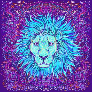 Süslü aslan başı. Afrikalı, Hintli, totem, dövme, çıkartma tasarımı. Tişört tasarımı, çanta, kartpostal ve posterler. Parlak neon renklerle izole edilmiş vektör illüstrasyonu.