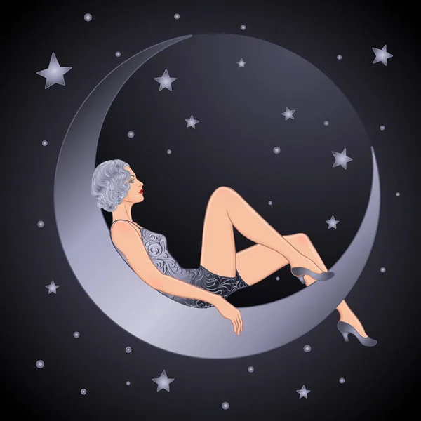 Jolie femme assise sur un croissant de lune vintage en papier. Flapper girl. Design d'invitation de fête rétro. Illustration vectorielle. Beaty dans un style art déco. — Image vectorielle