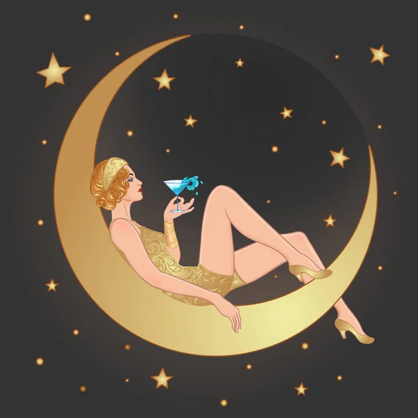 Jolie femme assise sur un croissant de lune vintage en papier. Flapper girl. Design d'invitation de fête rétro. Illustration vectorielle. Beaty dans un style art déco. — Image vectorielle