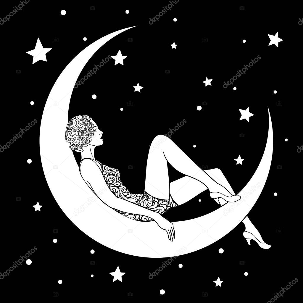 Pretty woman sitting on vintage paper crescent moon. Flapper girl. Retro party invitation design. Vector illustration. Beaty in art deco style.