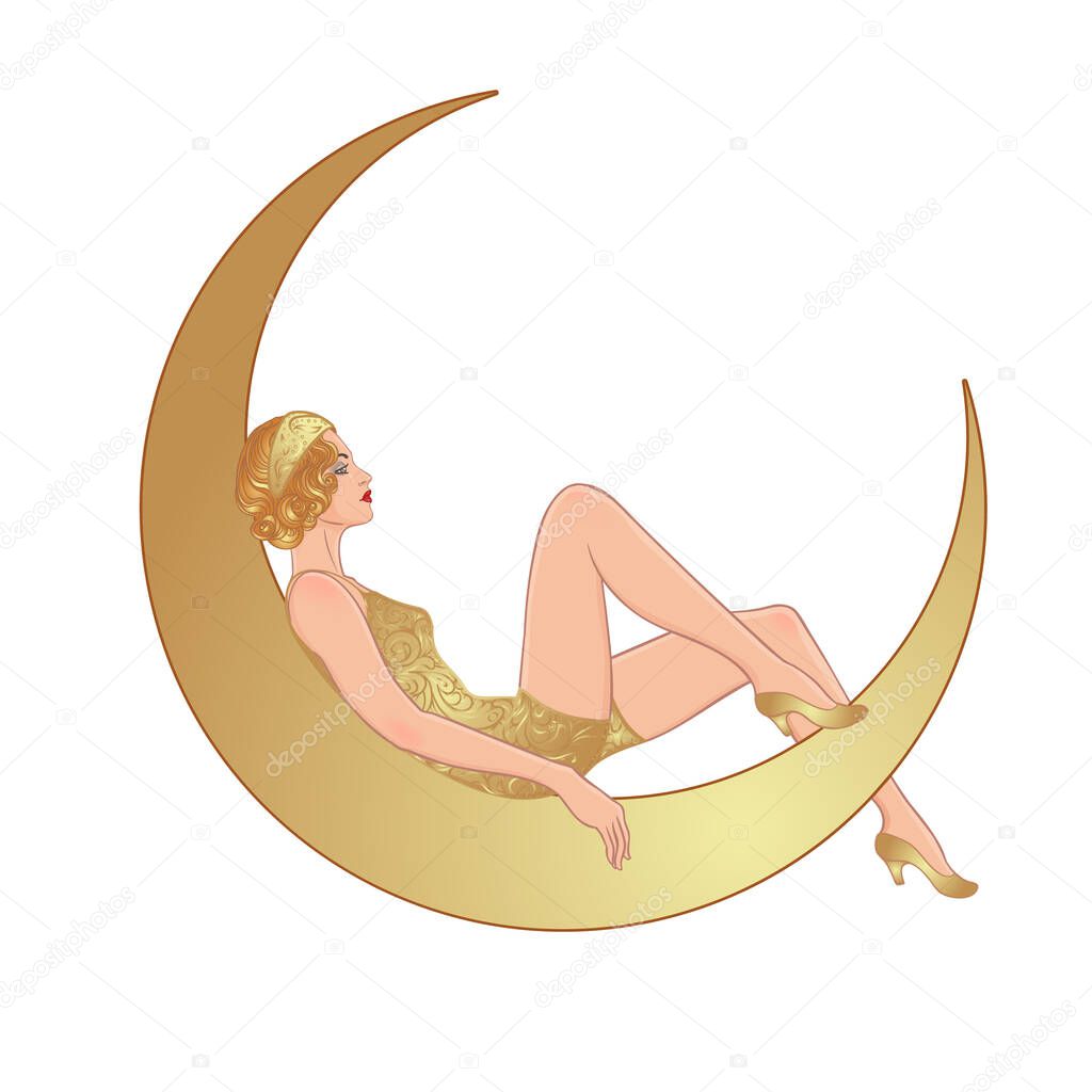 Pretty woman sitting on vintage paper crescent moon. Flapper girl. Retro party invitation design. Vector illustration. Beaty in art deco style.
