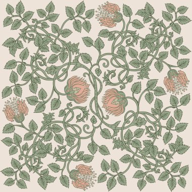 Çiçeksel, eski duvar kağıtları için dikişsiz desen. Büyülü Vintage Çiçekleri. Sanat ve el sanatları hareketi ilham verici. Ambalaj kağıdı, duvar kağıdı, kumaş için tasarım.