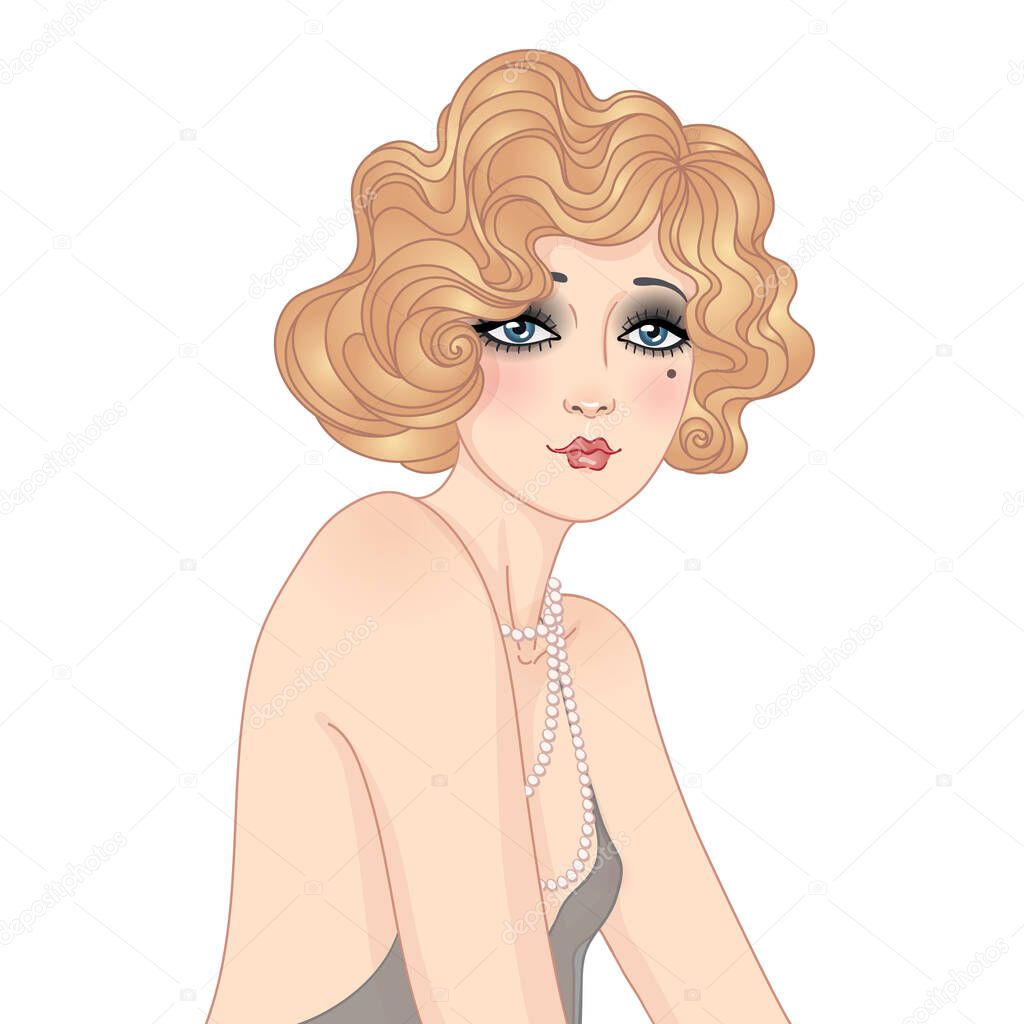 Art Deco vintage invitation template design with vector illustration of flapper girl. Retro party character in 1920 s style.