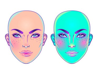 Portrait of robot android woman in retro futurism style. Vector illustration of a cyborg in glowing neon bright colors. futuristic synth wave flyer