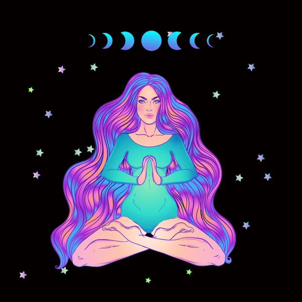 Mooi meisje zitten in lotus positie over sierlijke kleurrijke neon achtergrond. Vector illustratie. Psychedelische compositie. Boeddhisme esoterische motieven. — Stockvector