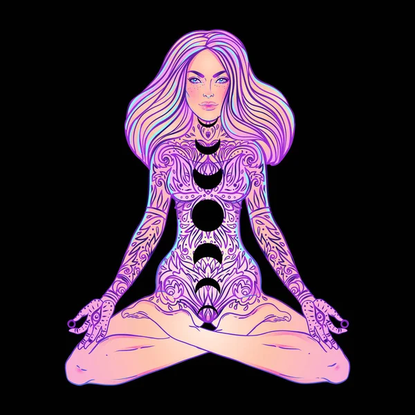 Young woman sits in lotus yoga position. Triple moon and stars inside girl. Free mind concept. Vector illustration — Vetor de Stock
