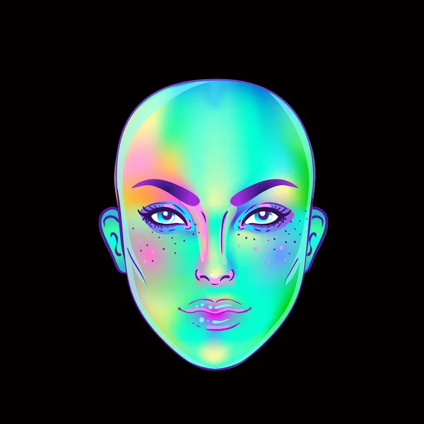 Portrait of robot android woman in retro futurism style. Vector illustration of a cyborg in glowing neon bright colors. futuristic synth wave flyer — Vetor de Stock