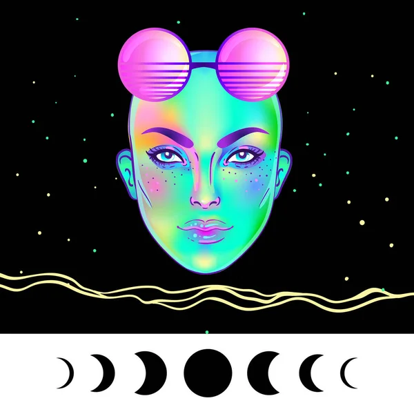 Portrait of robot android woman in retro futurism style. Vector illustration of a cyborg in glowing neon bright colors. futuristic synth wave flyer — Stockvector