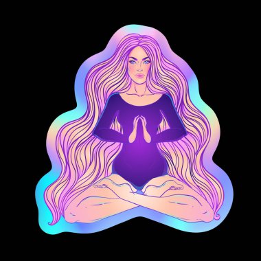 Süslü neon arka planda lotus pozisyonunda oturan güzel kız. Vektör çizimi. Psikedelik kompozisyon. Budizm esrarengiz motifleri.