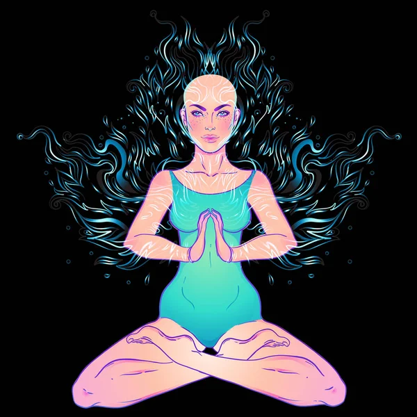 Schöne Mädchen sitzt in Lotusposition über verzierten bunten Neon-Hintergrund. Vektorillustration. Psychedelische Komposition. Esoterische Motive des Buddhismus. — Stockvektor