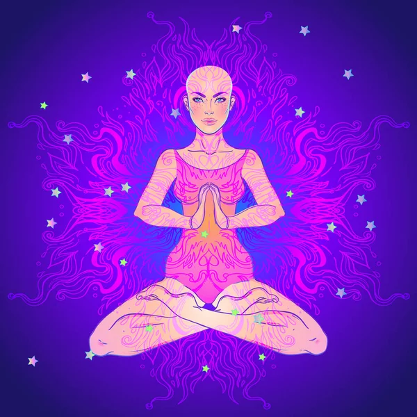 Krásná dívka sedí v lotosové poloze nad zdobené barevné neonové pozadí. Vektorová ilustrace. Psychedelická kompozice. Buddhistické esoterické motivy. — Stockový vektor