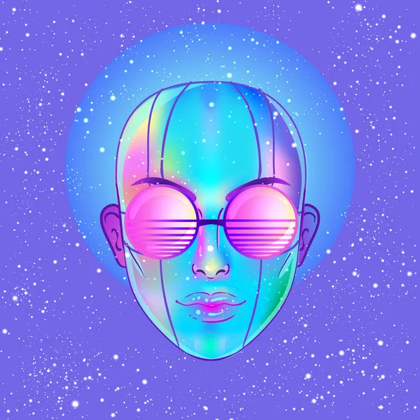 Portrait of robot android woman in retro futurism style. Vector illustration of a cyborg in glowing neon bright colors. futuristic synth wave flyer — Vettoriale Stock