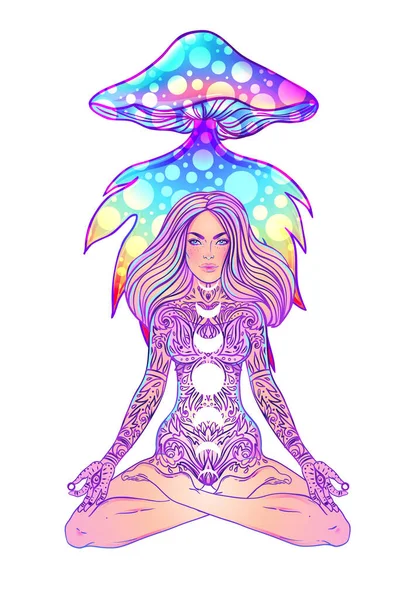 Schöne Mädchen sitzt in Lotusposition über verzierten bunten Neon-Hintergrund. Vektorillustration. Psychedelische Pilzzusammensetzung. Tätowierung, spirituelles Yoga. — Stockvektor