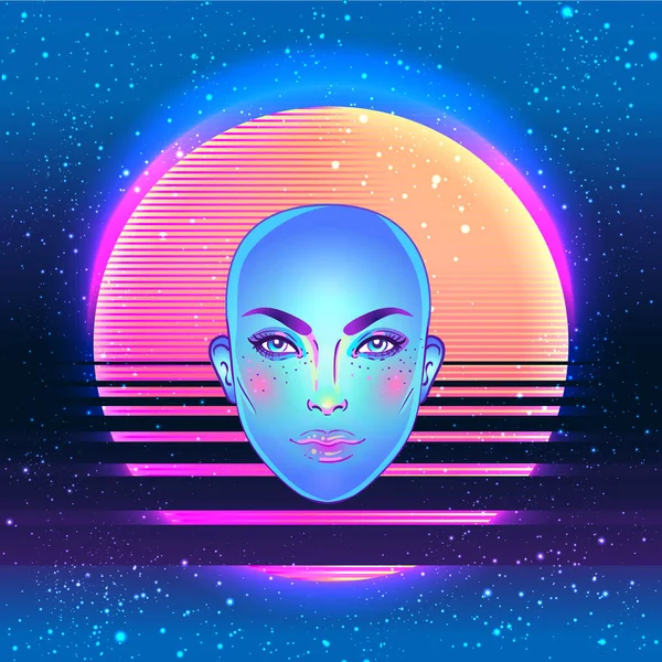 Portrait of robot android woman in retro futurism style. Vector illustration of a cyborg in glowing neon bright colors. futuristic synth wave flyer — Vettoriale Stock