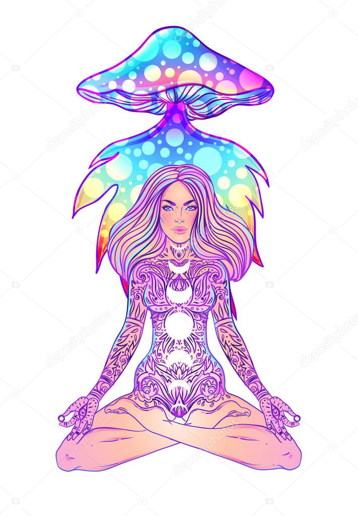Beautiful Girl sitting in lotus position over ornate colorful neon background. Vector illustration. Psychedelic mushroom composition. Tattoo, spiritual yoga.