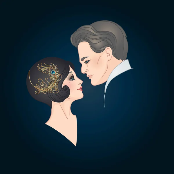 Beautiful couple in art deco style. Retro fashion. glamour man and woman of twenties. Vector illustration. Flapper 20s style. — Stock Vector