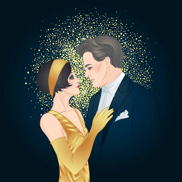 Mooi koppel in art deco stijl. Retro mode. glamour man en vrouw van twintigers. Vector illustratie. Flapper 20s stijl. — Stockvector