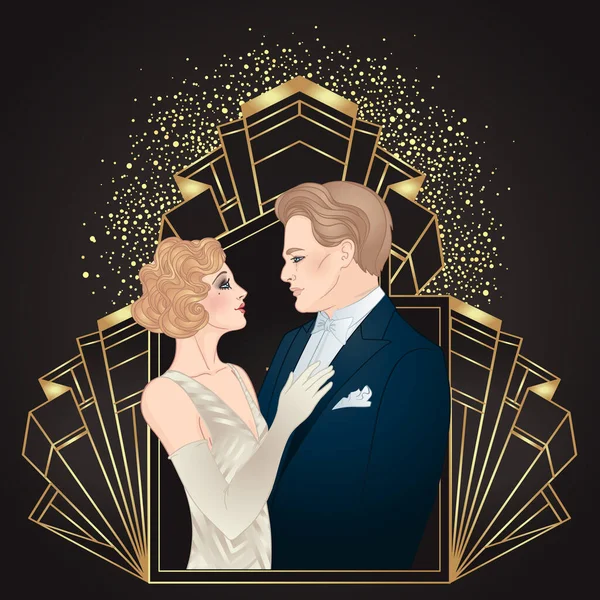 Hermosa pareja en estilo art deco. Moda retro. glamour hombre y mujer de veinte años. Ilustración vectorial. Estilo Flapper 20s. — Vector de stock