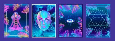 Retro Futurism or New Age style flyer set. Vector futuristic sacred geometry synth wave illustration. 80s poster background. Good design for t-shirt print clipart