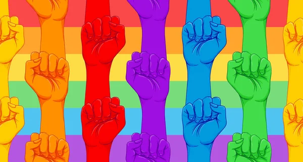 Gestreifte Hand mit erhobener Faust. Schwulenrechte. Realistische Vektor-Illustration in Regenbogenfarben. LGBT-Logo-Symbole Aufkleber nahtloses Muster. — Stockvektor