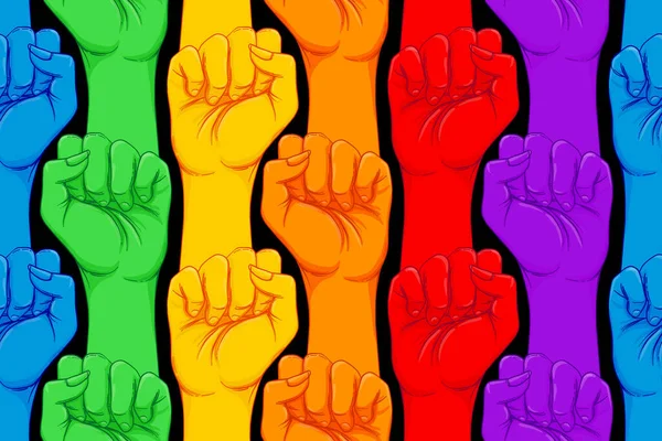 Mano a strisce che mostra il pugno alzato. Concetto di diritti gay. Illustrazione vettoriale in stile realistico nei colori arcobaleno. LGBT logo simboli adesivi modello senza soluzione di continuità. — Vettoriale Stock