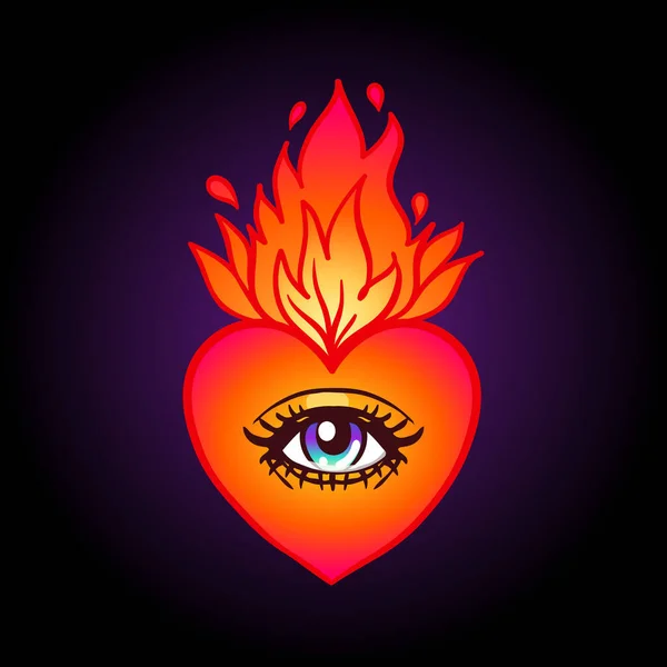 Sagrado corazón con ojo y llama ardiente. Corazón tradicional mexicano. Ilustración vectorial dibujada a mano aislada. — Archivo Imágenes Vectoriales