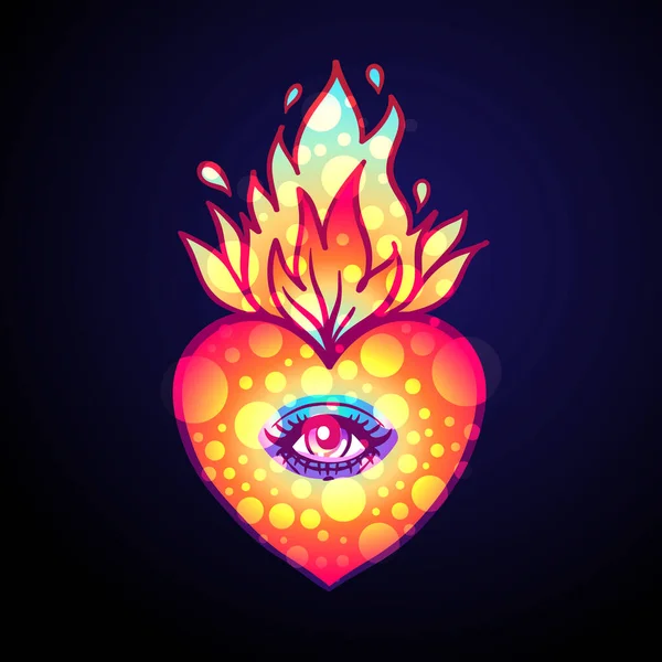 Sacré cœur avec oeil et flamme brûlante. Coeur mexicain traditionnel. Illustration vectorielle dessinée à la main isolée. — Image vectorielle
