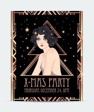Art Deco, flapper Girl 'ün klasik çizimi. 1920 'lerdeki Retro Party karakteri. Caz partisi için vektör tasarımı.