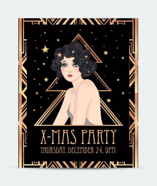 Art Deco vintage illustration of flapper girl. Retro party character in 1920 s style. Vector design for glamour jazz party. clipart