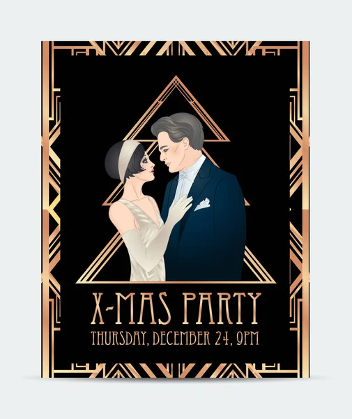 Hermosa pareja en estilo art deco. Moda retro: glamour hombre y mujer de veinte años. Ilustración vectorial. Estilo Flapper 20s. Fiesta vintage o invitación de boda temática. — Vector de stock