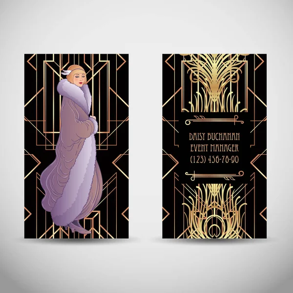 Illustrazione vintage Art Deco di flapper girl. Personaggio retrò partito in stile 1920 s. Design vettoriale per glamour jazz party. — Vettoriale Stock