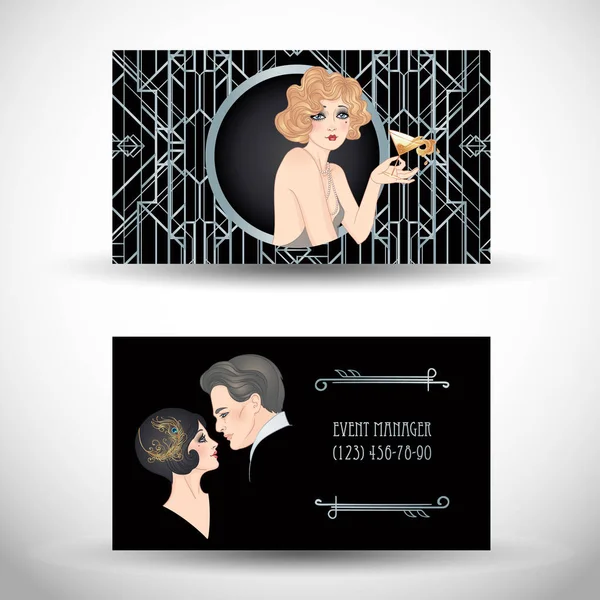 Beautiful couple in art deco style. Retro fashion: glamour man and woman of twenties. Vector illustration. Flapper 20s style. Vintage party or thematic wedding invitation. — Stock Vector