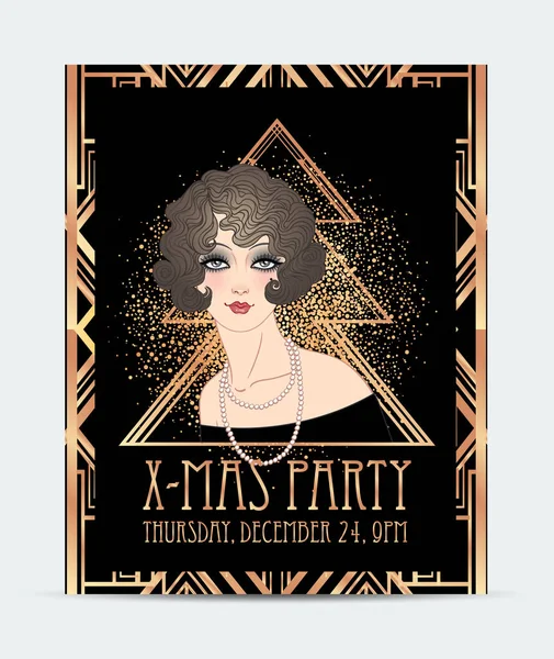 Art Deco ilustração vintage de menina flapper. Personagem de festa retrô em estilo 1920 s. Design vetorial para festa de glamour jazz. — Vetor de Stock