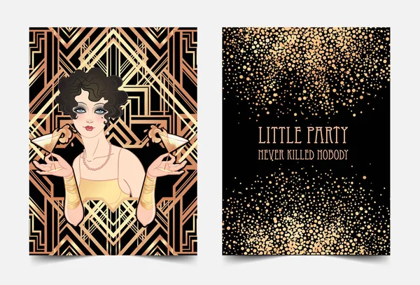 Art Deco vintage illustration of flapper girl. Retro party character in 1920 s style. Vector design for jazz party. — Stock Vector