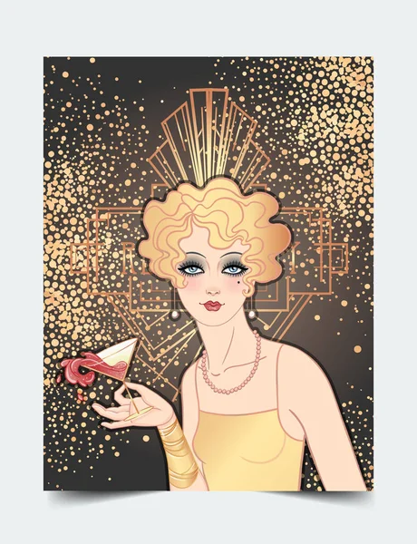 Art Deco ilustração vintage de menina flapper. Personagem de festa retrô em estilo 1920 s. Design vetorial para festa de jazz. —  Vetores de Stock