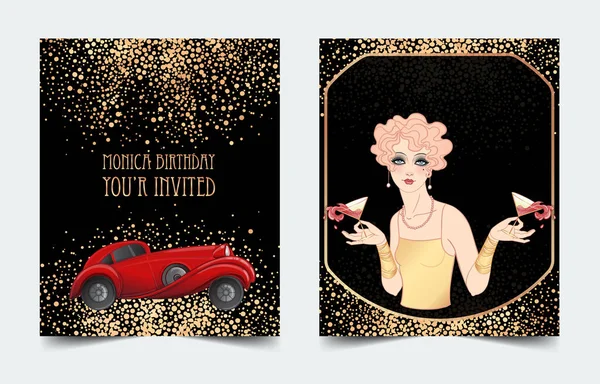 Modèle d'invitation vintage art déco avec illustration d'une voiture rouge. Illustration vectorielle. Vingt ans rugissants. Classique automobile vintage. — Image vectorielle