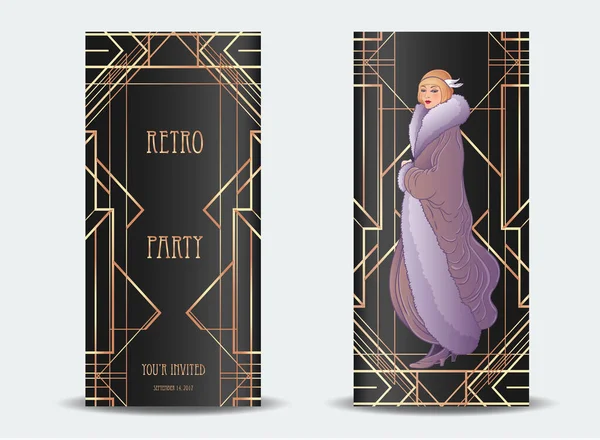 Art Deco Vintage Illustration von Flapper-Mädchen. Retro-Party-Charakter im Stil der 1920er Jahre. Vektor-Design für Glamour-Jazz-Party. — Stockvektor