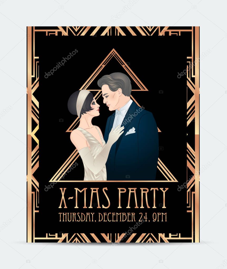 Beautiful couple in art deco style. Retro fashion: glamour man and woman of twenties. Vector illustration. Flapper 20s style. Vintage party or thematic wedding invitation.